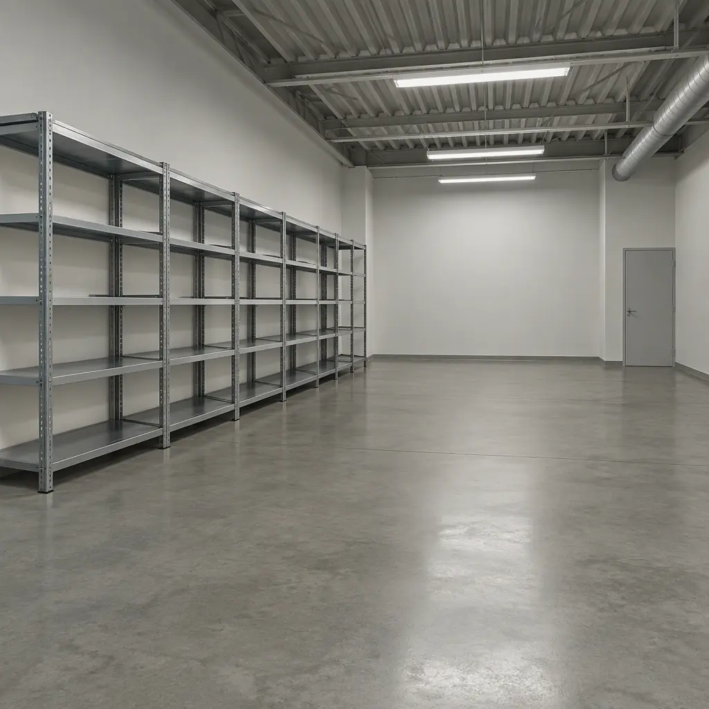 Photorealistic empty open-plan cleaning equipment store room with shelving and a bare concrete floor, no people, no text