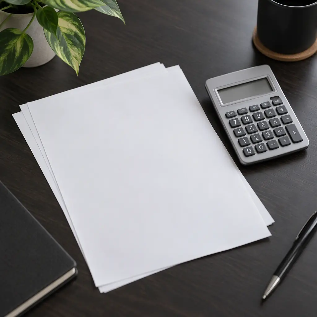 Photorealistic plain white spreadsheets and a simple calculator on a dark desk, no readable text, no numbers