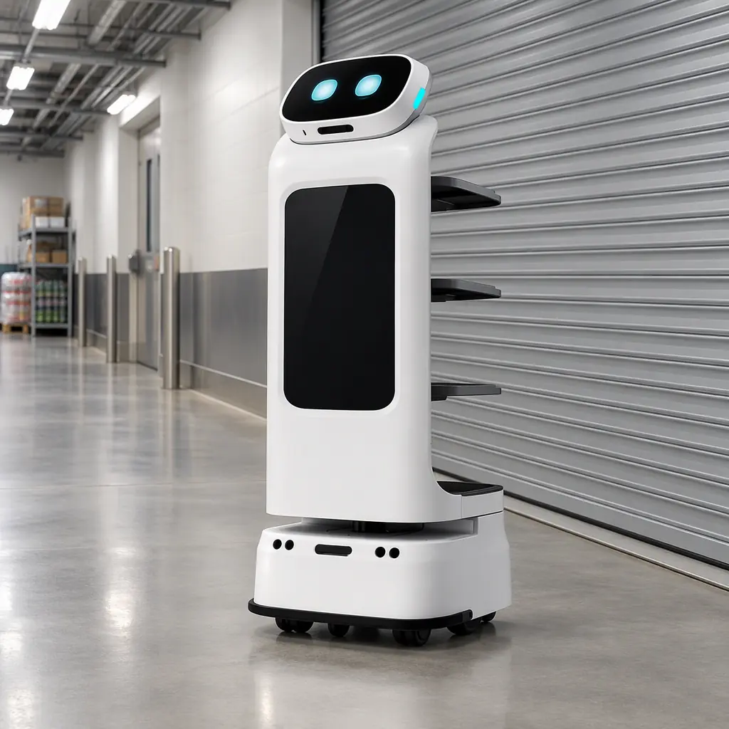 Photorealistic silver-grey AOMAN C1 floor scrubber stationary in a large empty warehouse aisle, blank panel, no people and no text