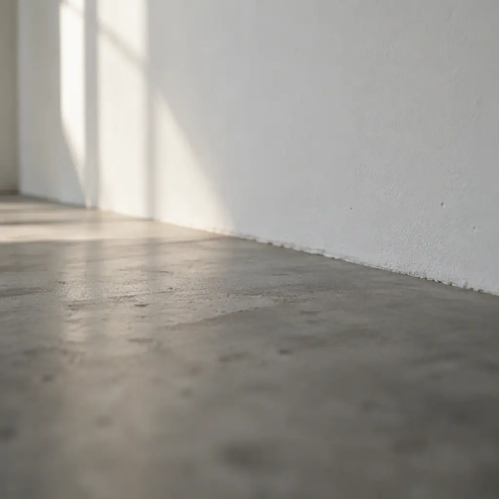 Photorealistic shallow-depth photo of plain grey concrete floor meeting a white wall, soft daylight, no text