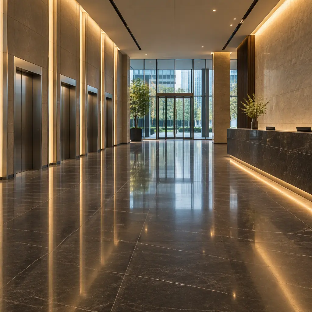 Empty multi-tenant office lobby with lift bank and reception desk at quiet hours