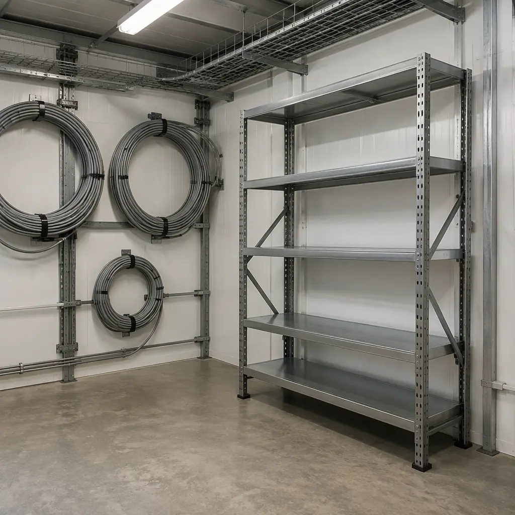 Photorealistic wide photograph of a clean facility utility room with a steel shelving rack on a bare concrete floor, coiled cable trays on the wall, even overhead lighting, empty and unoccupied, no people and no text