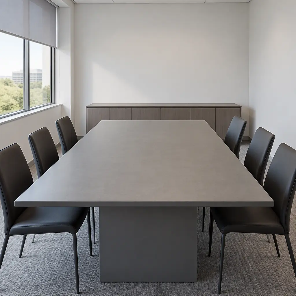 Photorealistic empty procurement meeting room with a long grey table, blank walls and soft window light, no people, no text