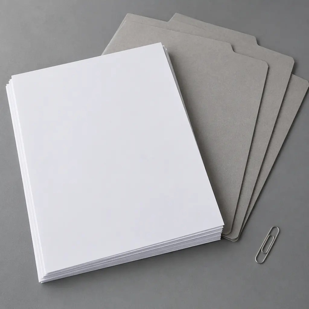 Photorealistic close-up of plain blank printed pages and a small stack of unmarked folders on a grey desk, no readable text, no people