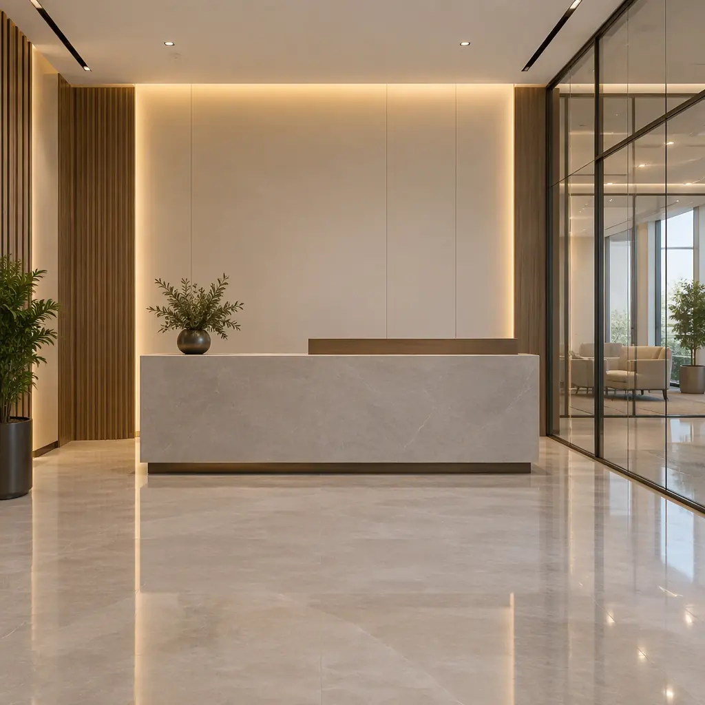 Photorealistic empty modern office reception area with polished floor and blank wall panels, no people, no text