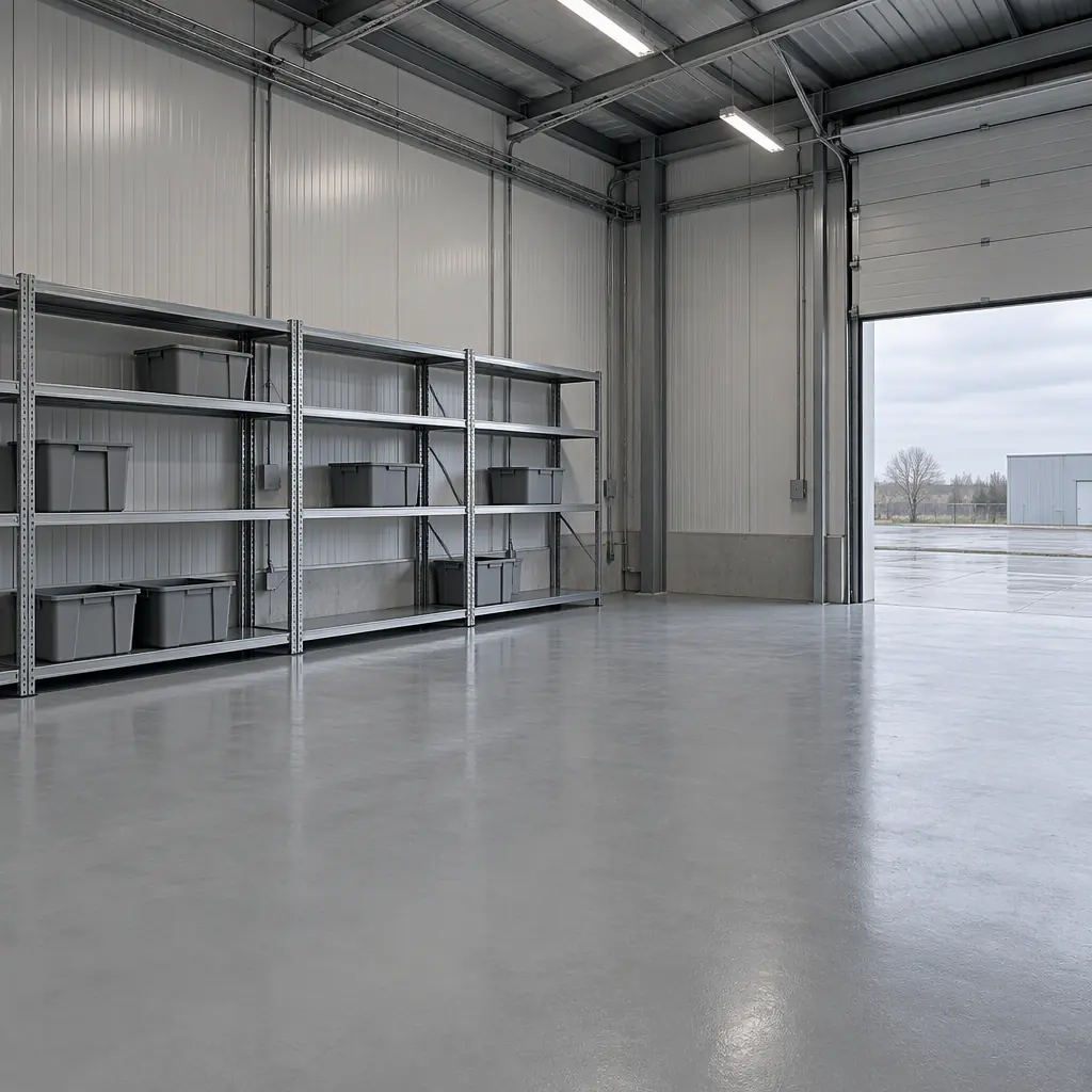 Photorealistic empty industrial service bay with grey epoxy floor and plain metal shelving, overcast light, no people, no robots, no text