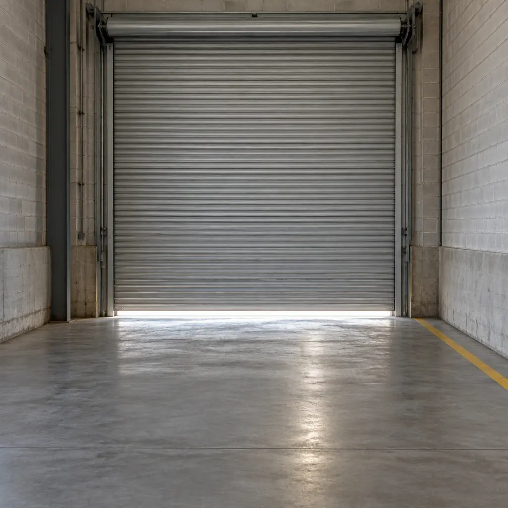 Photorealistic empty loading dock interior with a closed plain roller shutter door and grey concrete floor, no people, no vehicles, no text