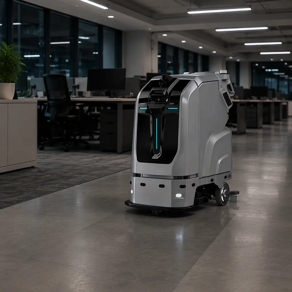 Autonomous cleaning robot scrubbing a commercial office floor for a janitorial contract