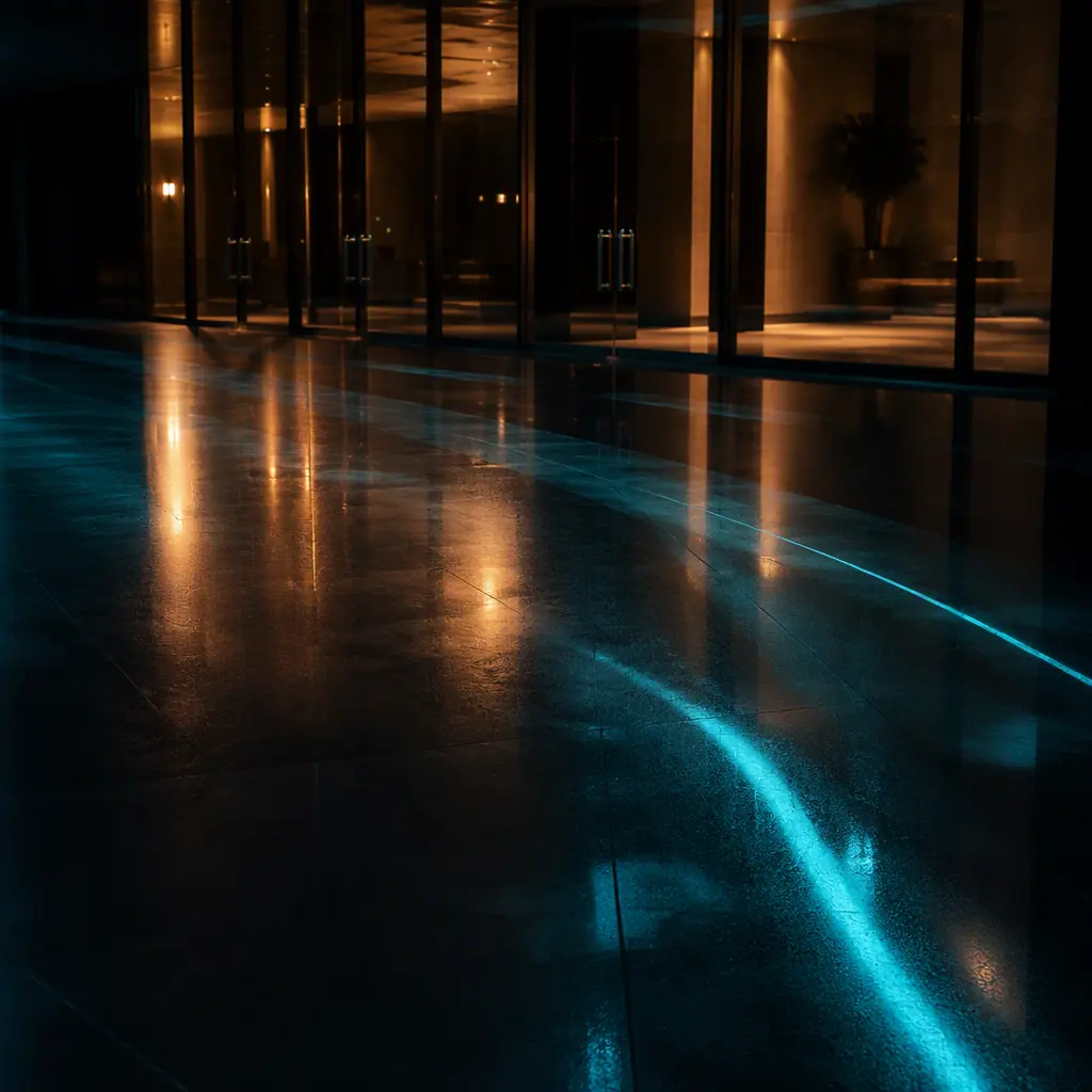 Cool cyan arcs of light sweeping across a dark reflective floor in an empty modern commercial lobby, suggesting service continuity through the night
