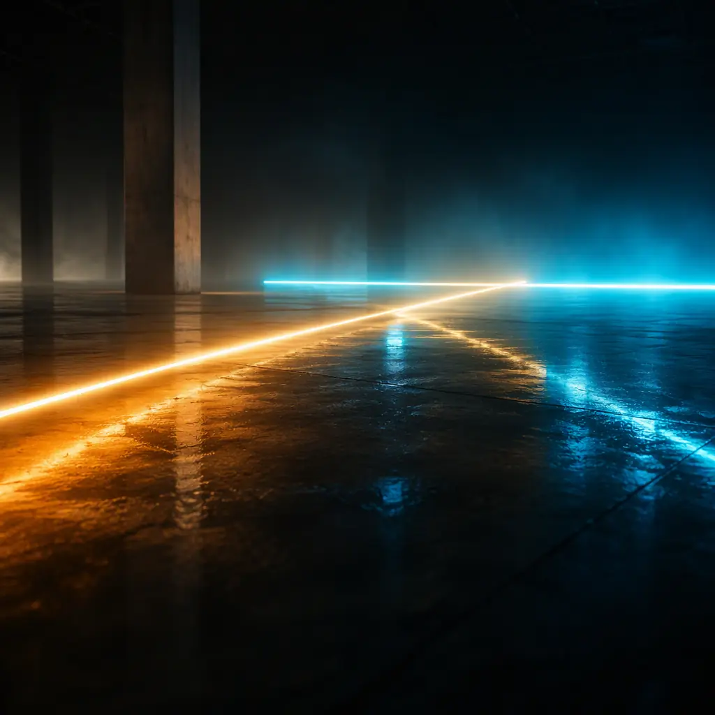 Abstract intersecting amber and cyan light trails across a dark surface, suggesting multiple commercial sites operating in coordination overnight