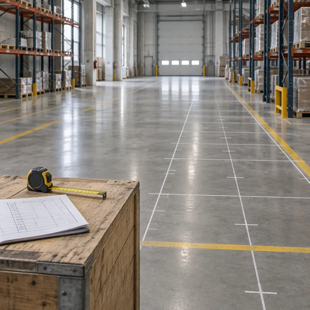 Photorealistic photograph of a cleaning robot on a marked test track inside a bright industrial facility, a laptop on a stand beside it and a folded inspection checklist on a crate, no people faces and no text