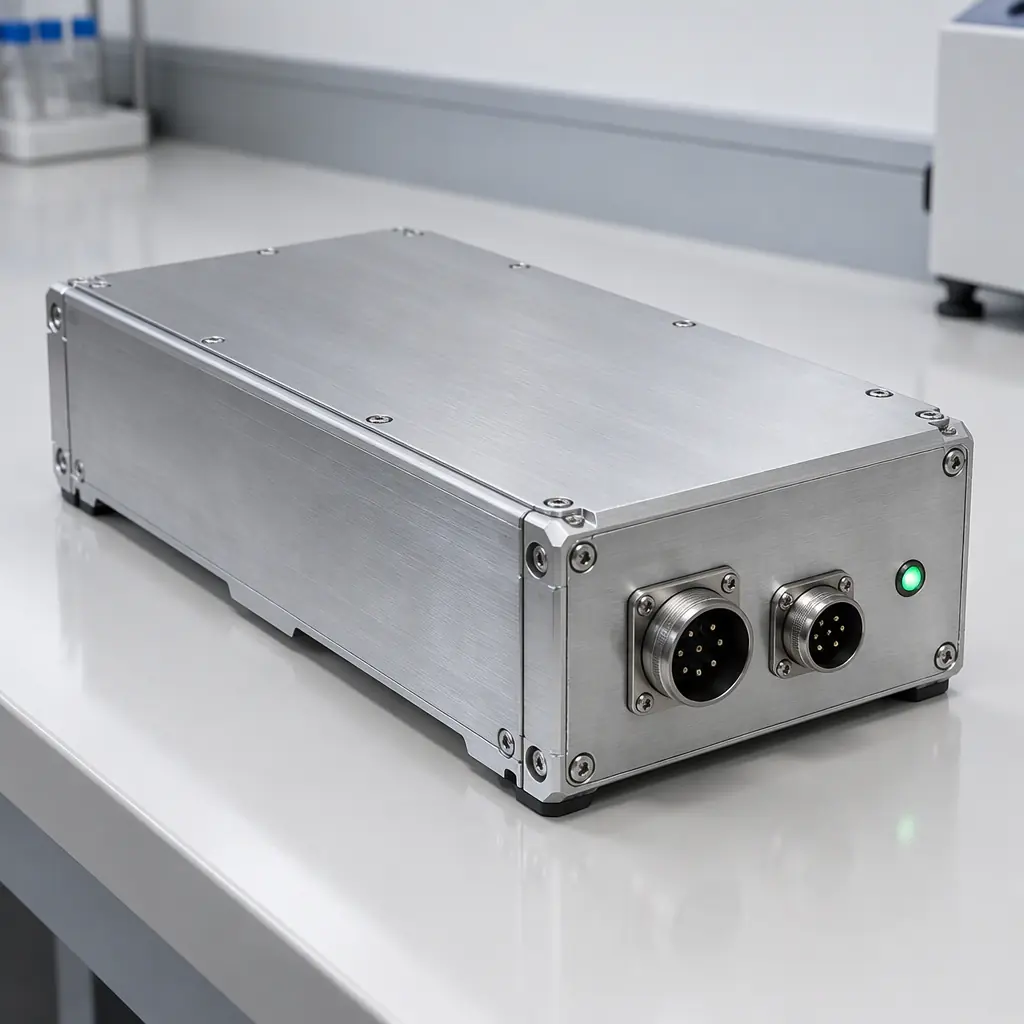 Photorealistic wide photograph of a rectangular lithium battery pack with a metal housing and visible connector ports resting on a clean white laboratory bench, soft even lighting, no people and no text