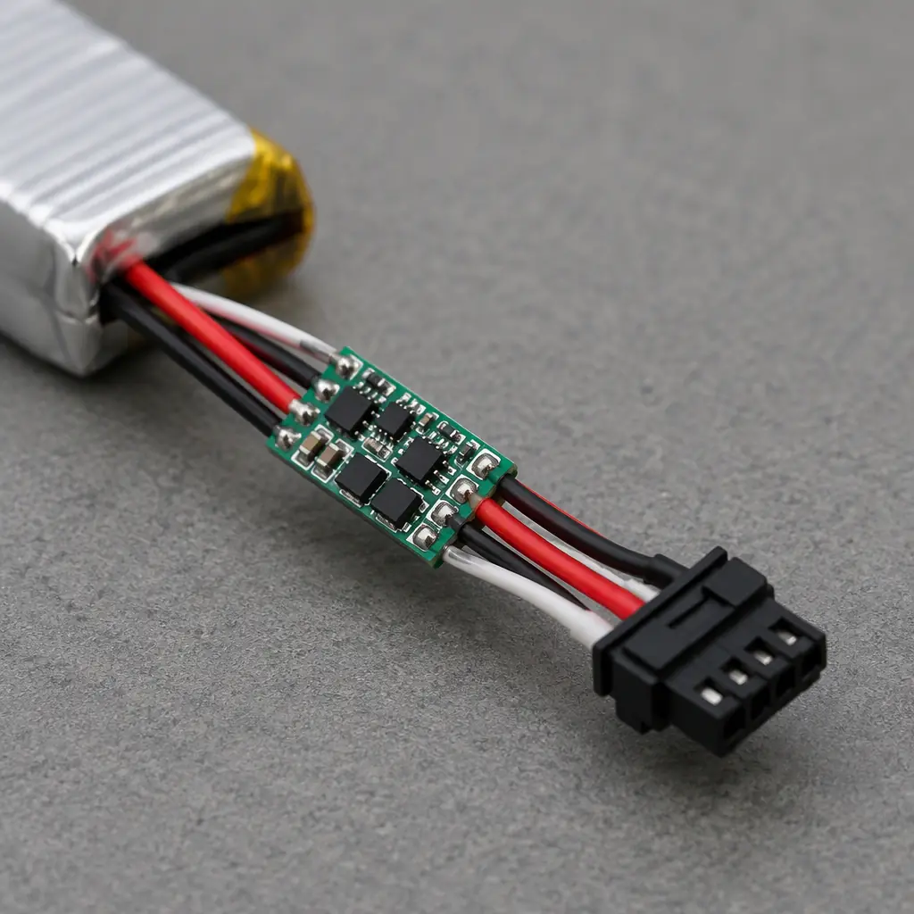 Photorealistic macro photograph of the connector and wiring harness of a service robot battery pack, colored wires and a protective circuit board visible, shallow depth of field, neutral lighting, no people and no text