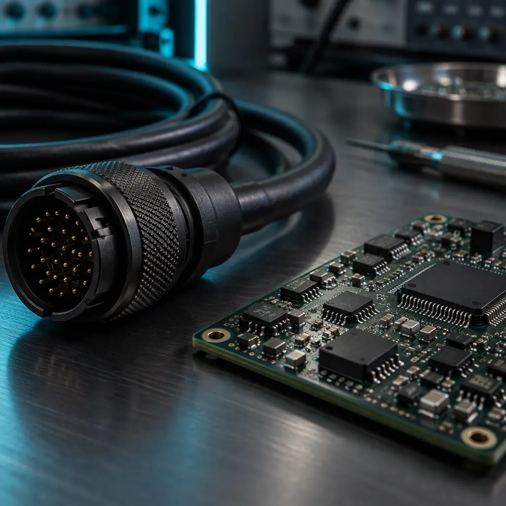 Photorealistic close-up of a service robot battery pack connector and communication wiring harness, no people faces, no text