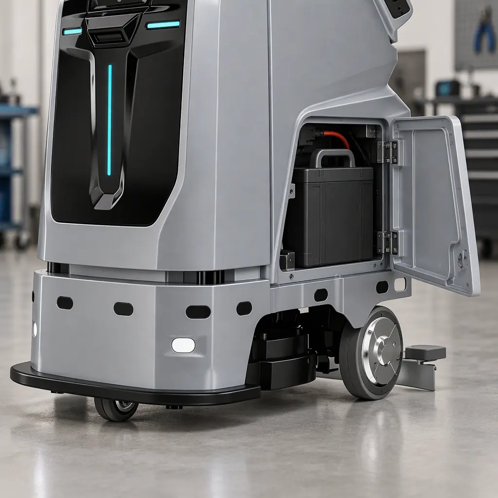 Photorealistic close-up of a service robot lower body and drive wheel service panel, no people faces, no text