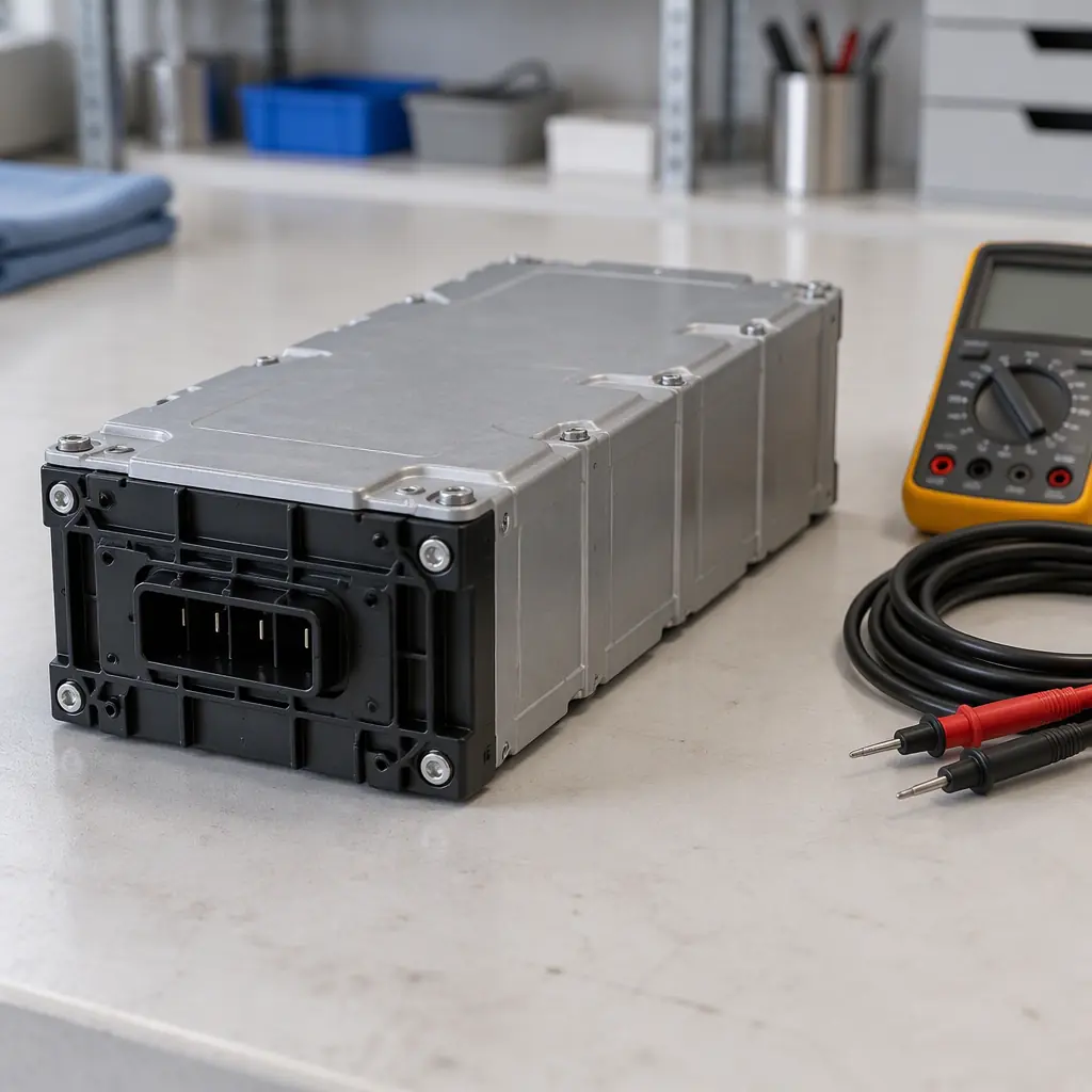 Photorealistic generic grey industrial battery pack with black connector on a workbench, no people faces, no text