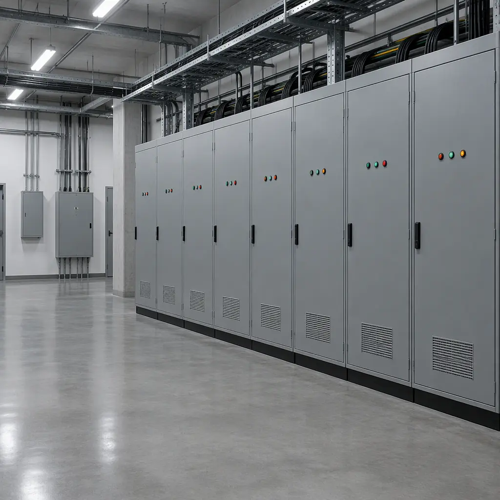 Photorealistic empty industrial electrical room with grey equipment cabinets, no people faces, no text