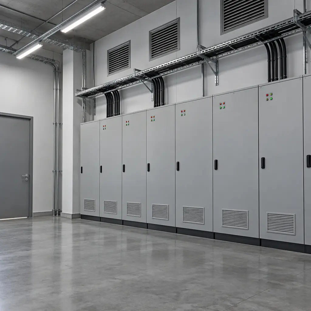 Photorealistic empty industrial electrical room with grey equipment cabinets and cable trays, no people faces, no text