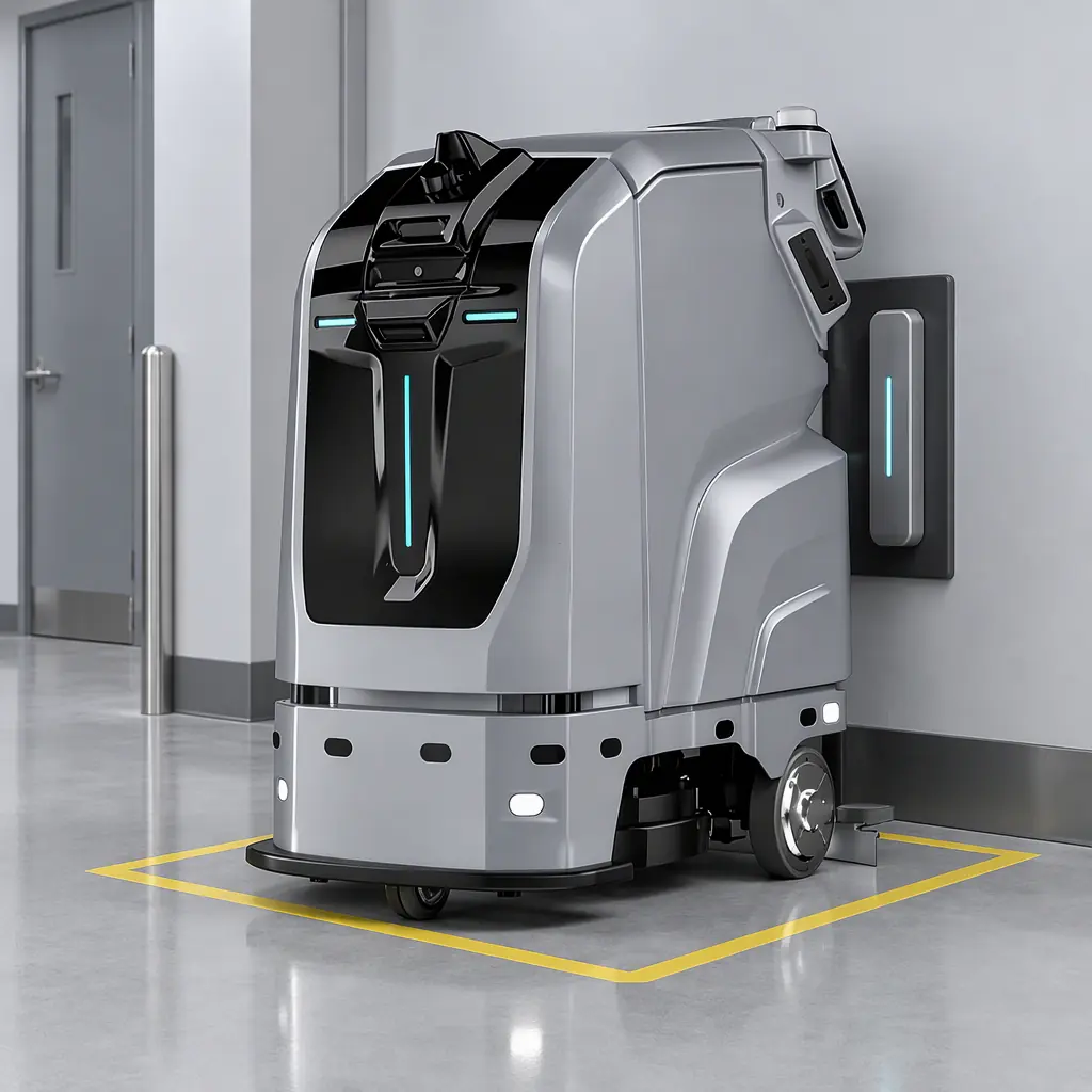 Photorealistic floor scrubbing robot docked at a wall charging station in a clean service corridor, no people faces, no text