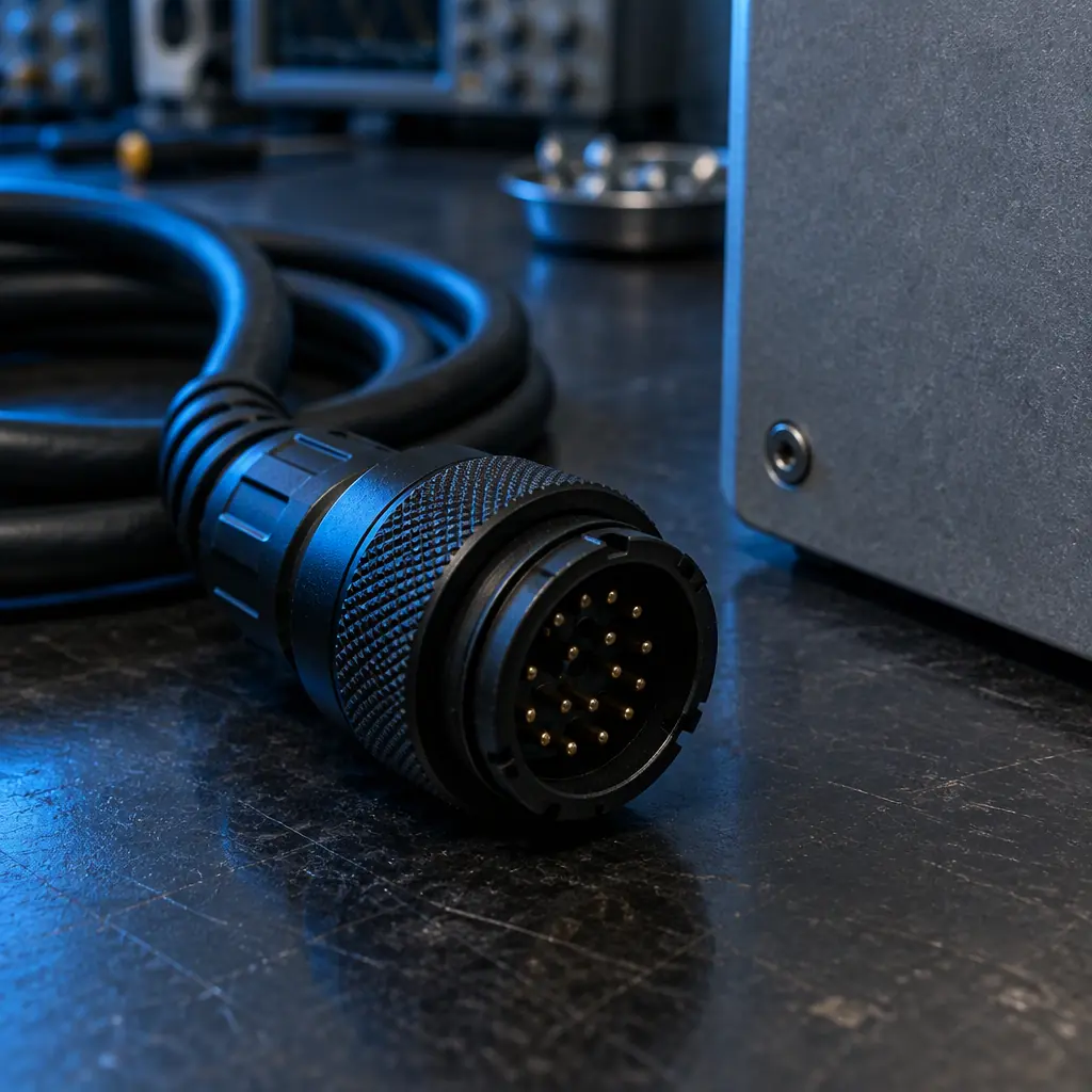 Photorealistic macro still-life of a battery pack diagnostic connector on a dark workbench, no people faces, no text