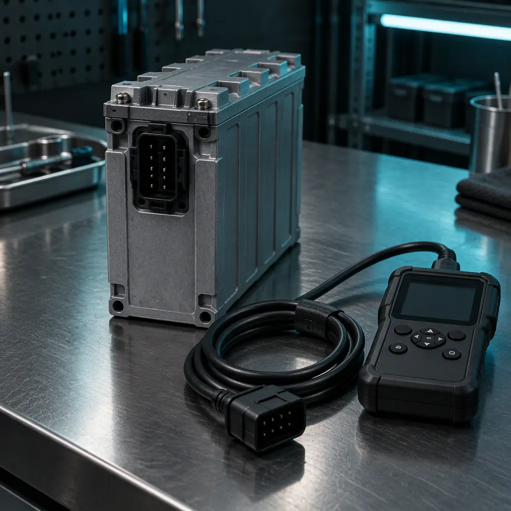 Photorealistic still-life of a service robot battery pack module on a workbench with a diagnostic connector, no people faces, no text