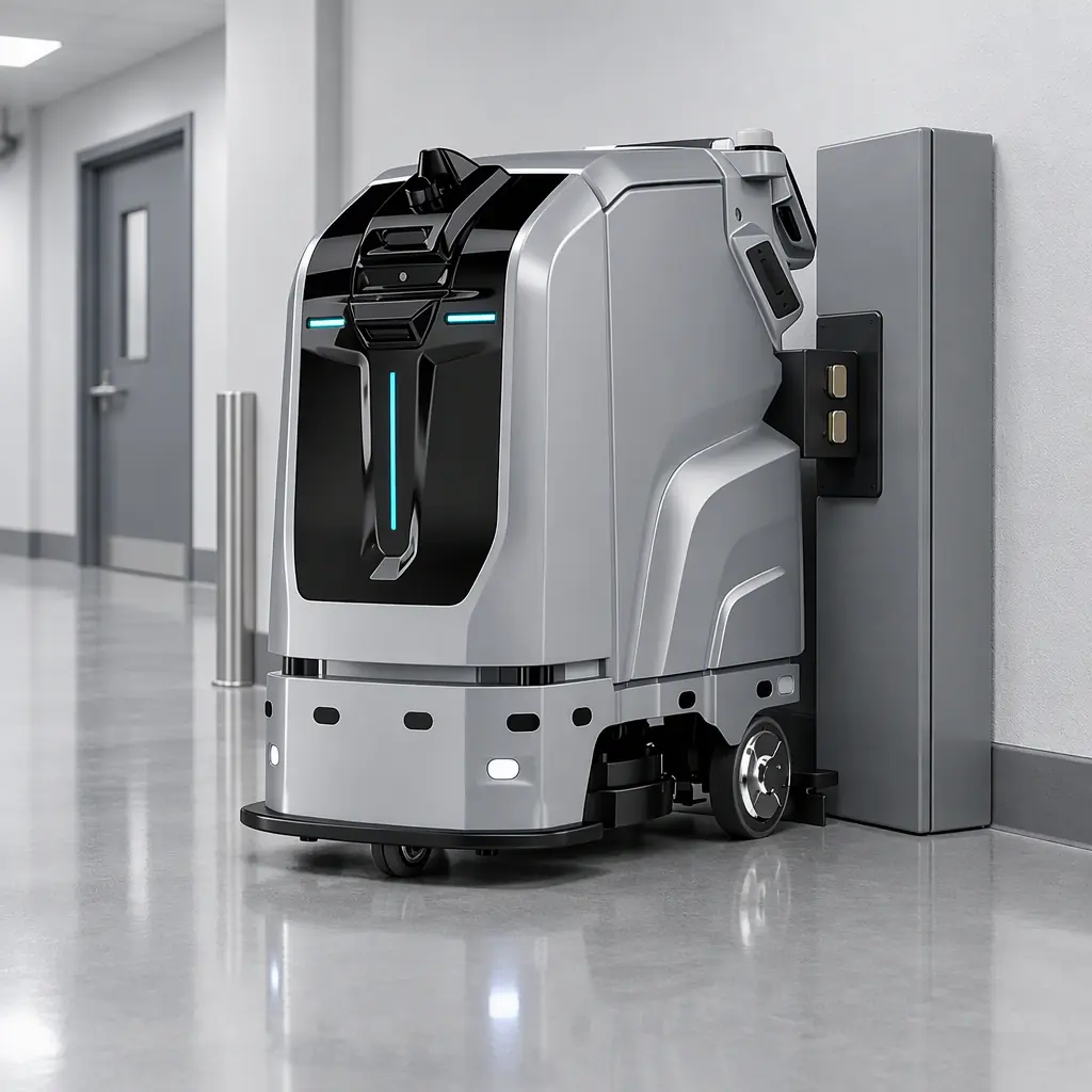 Photorealistic floor scrubbing robot docked at a wall charging station in a clean corridor, no people faces, no text