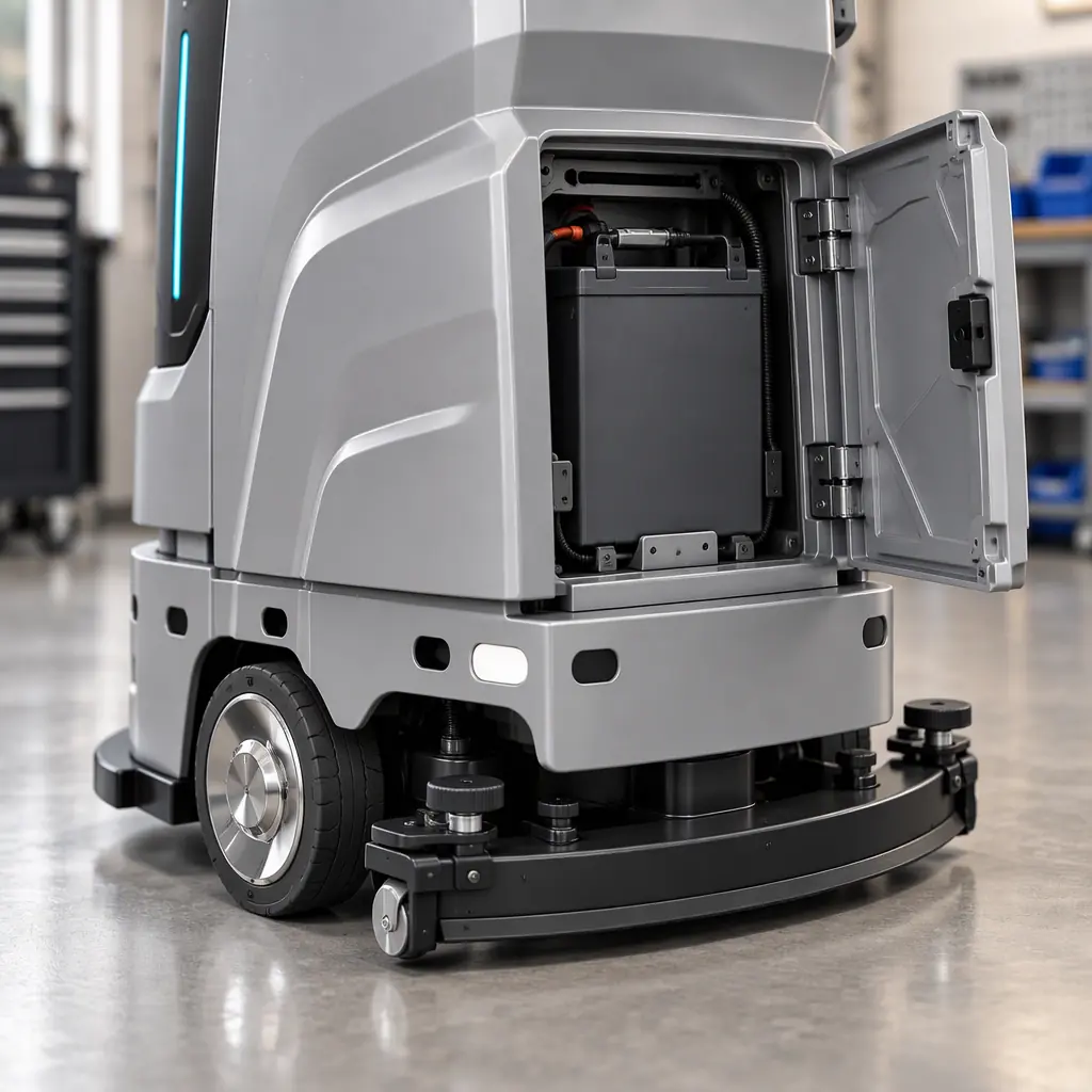 Photorealistic close-up of a battery access panel on a floor scrubbing robot in a workshop, no people faces, no text