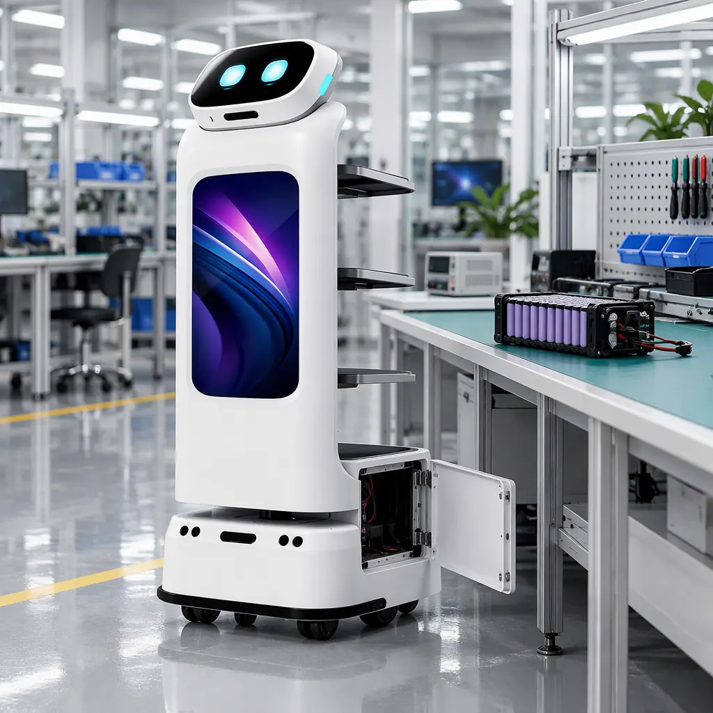 Service robot battery pack assembly on a bench, cylindrical lithium cells in a steel frame with a BMS board, no text and no people