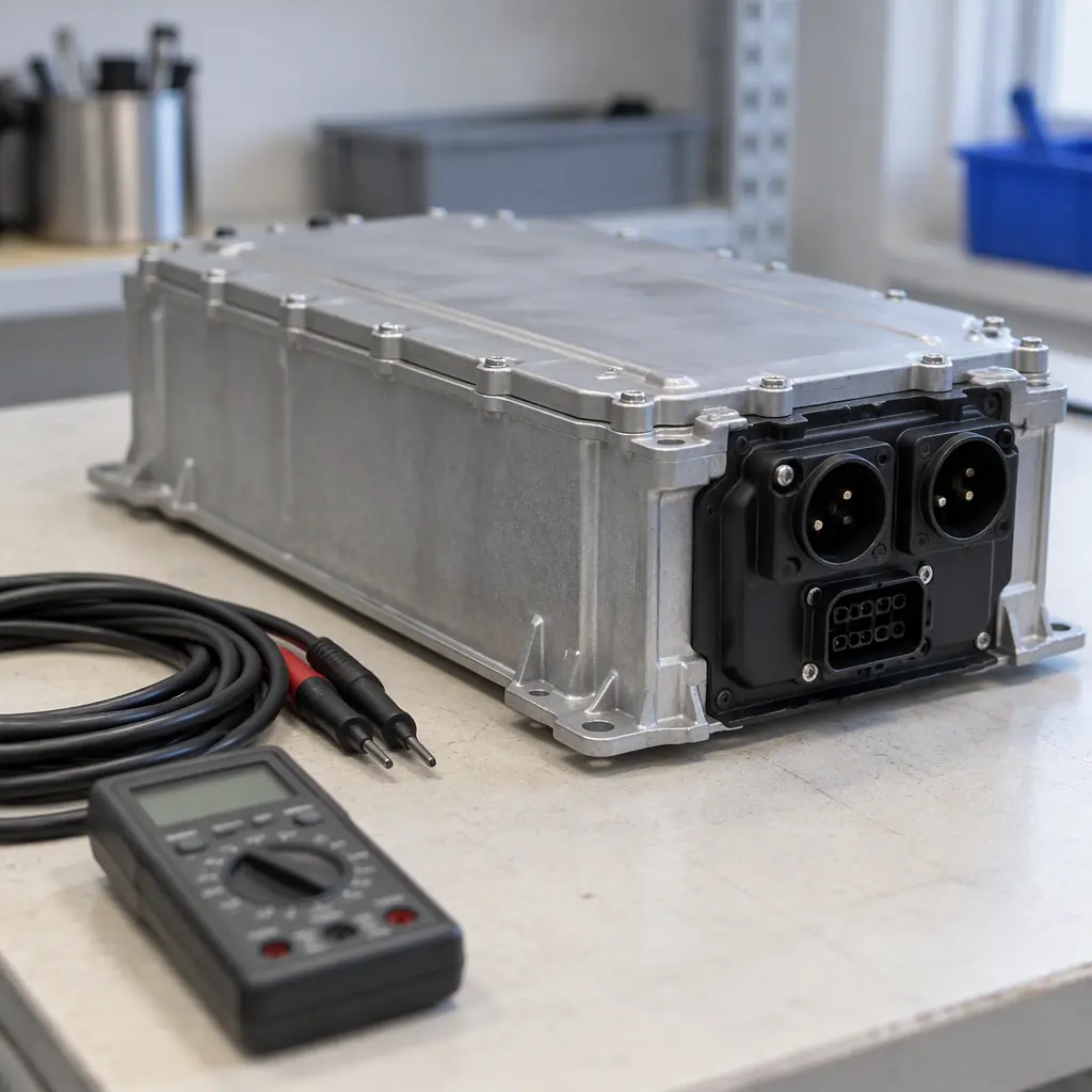 Photorealistic still-life of a battery pack module and cable on a pale workbench, no people faces, no text