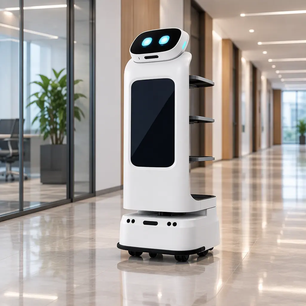 Photorealistic indoor delivery robot paused in a clean modern corridor, no people faces, no text