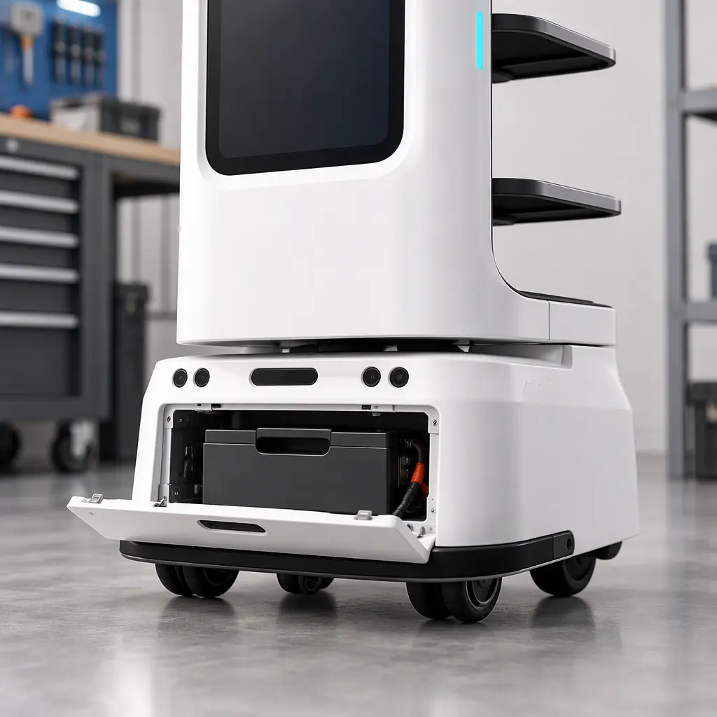Photorealistic close-up of a battery access panel on a cleaning robot in a workshop, no people faces, no text