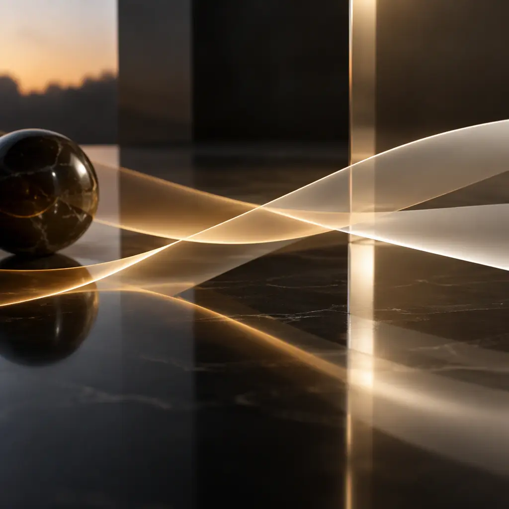 Photorealistic abstract concept of warm amber light bands on a dark polished surface, no people faces, no text