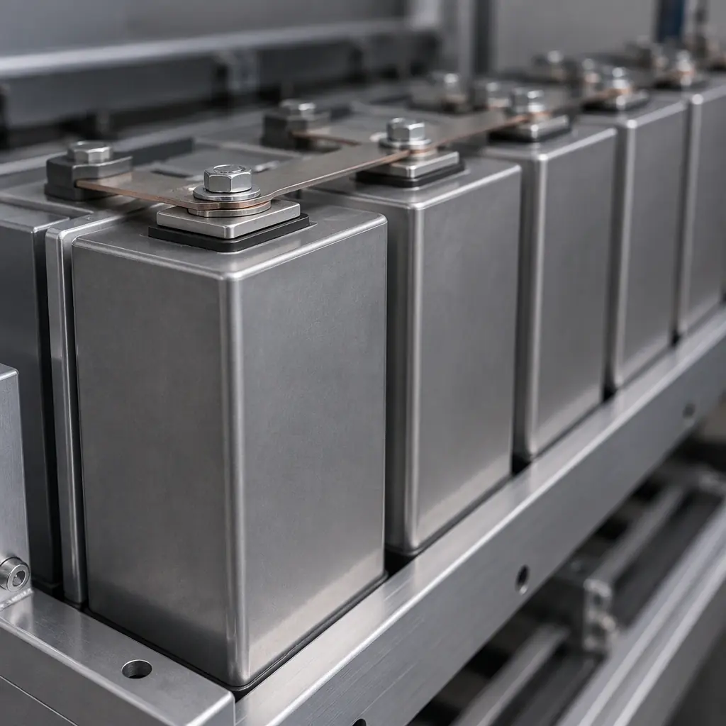 Photorealistic macro photograph of grey industrial battery modules in a clean metal rack, no readable text and no people