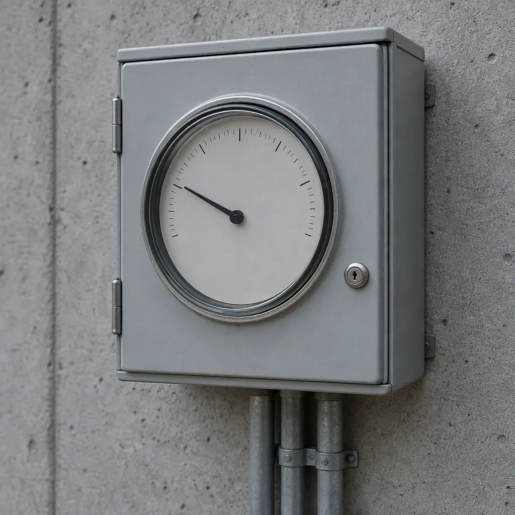 Photorealistic plain industrial electricity meter cabinet with blank dial face on a concrete wall, no text