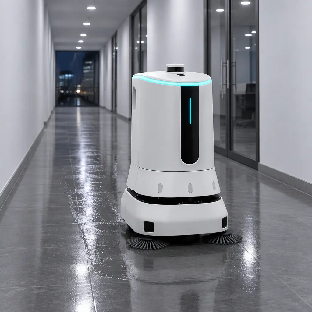 Photorealistic white AOMAN C2 Pro cleaning robot mid-pass in a bright office corridor at night, no people and no text