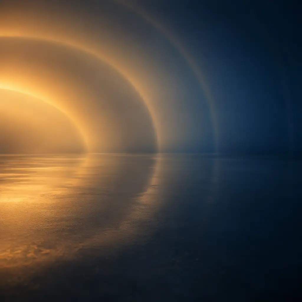 Photorealistic abstract concentric amber and blue arcs of light on a dark surface, no text