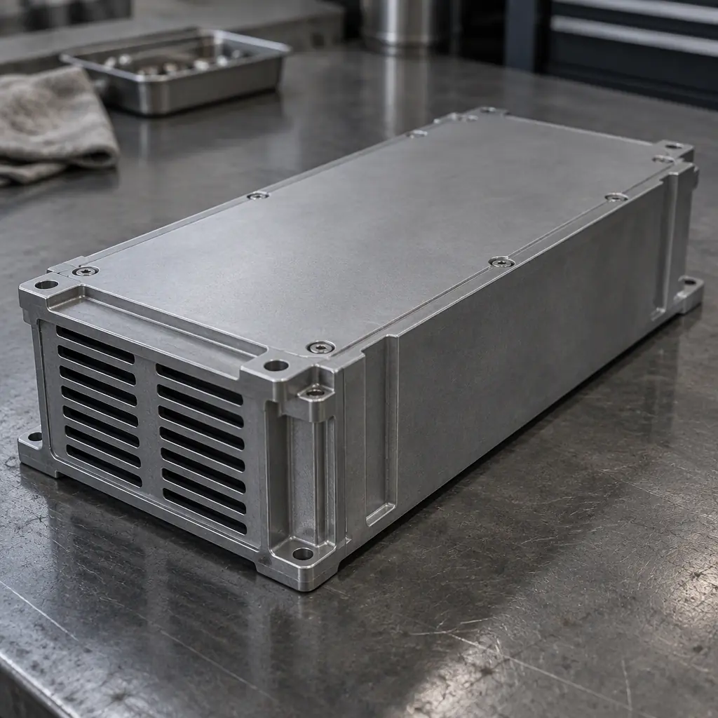 Photorealistic flat-lay of a plain grey battery module housing on a dark workbench, no text, no labels