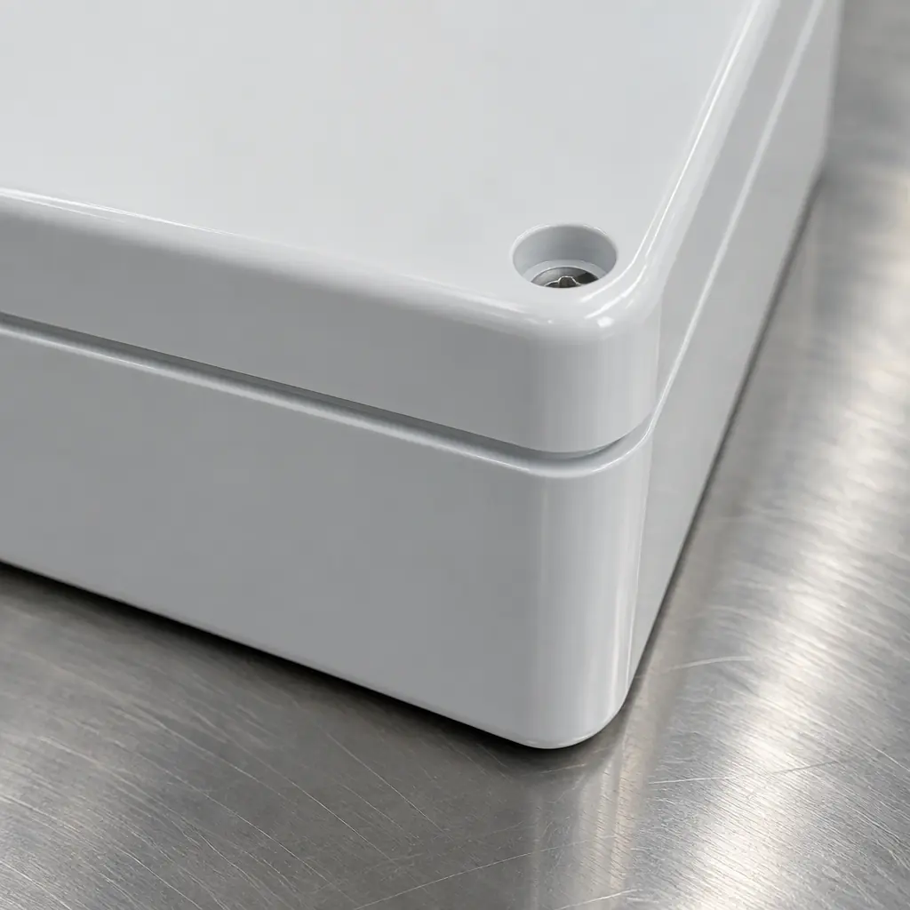 Photorealistic close-up of a sealed white battery enclosure edge on a steel bench, no text, no logos