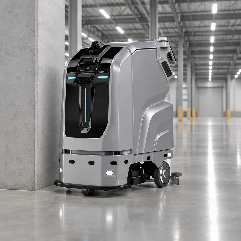 Photorealistic white AOMAN C2 Pro cleaning robot stationary beside a charging dock in an empty plant room, blank panel, no people and no text