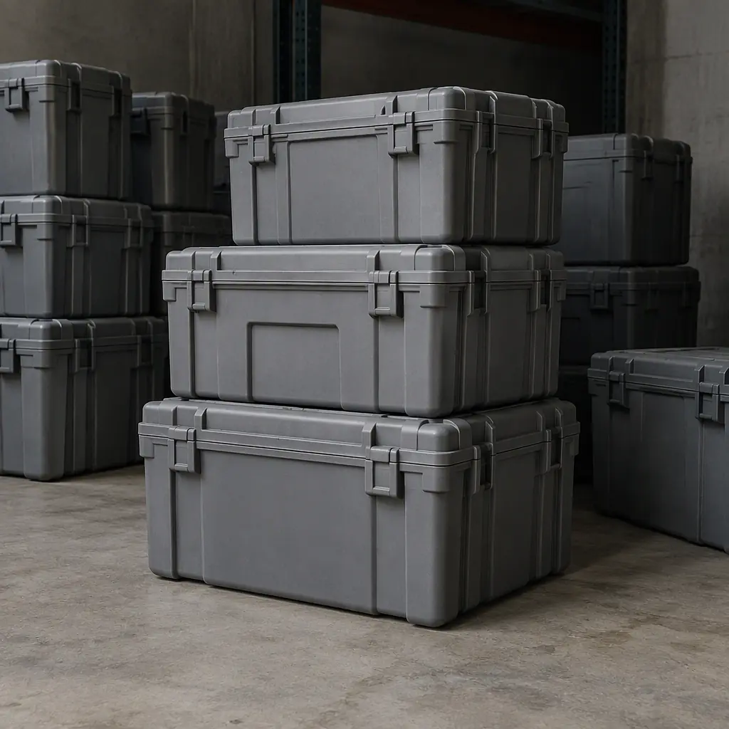 Photorealistic stack of plain grey industrial storage cases on a concrete floor, no text, no labels