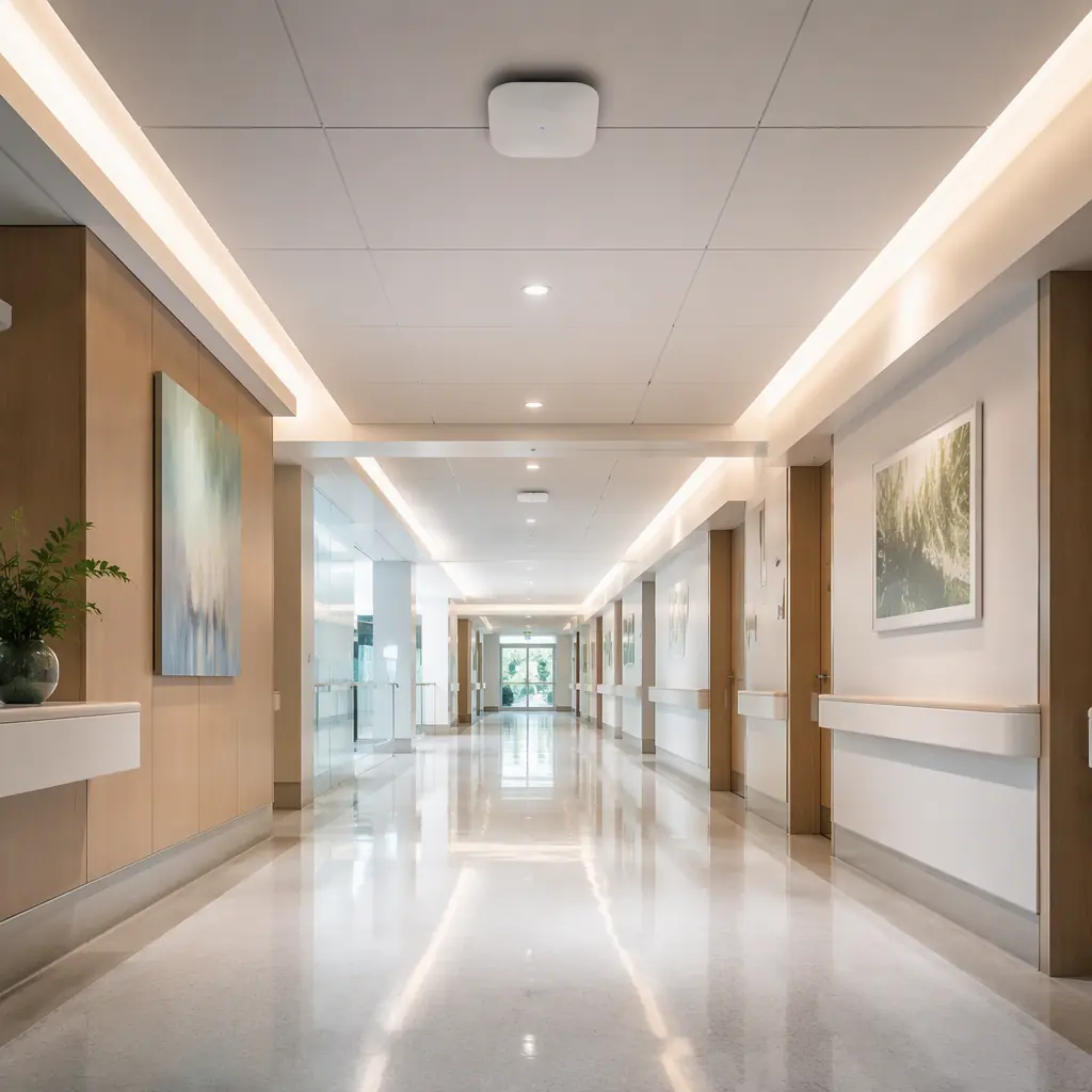 Modern hospital corridor with ceiling-mounted Wi-Fi access points and soft light, polished floor reflecting the ceiling lights, empty corridor, no robots, no people