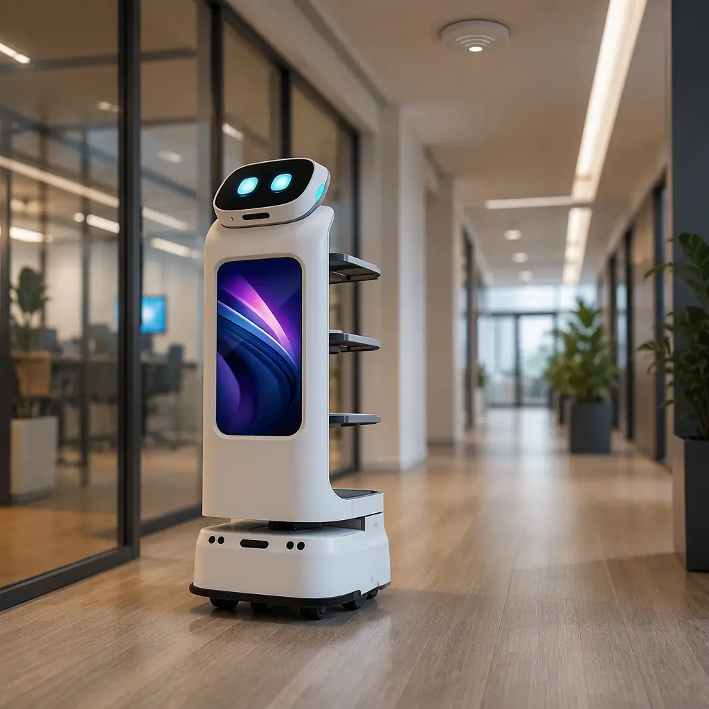 CADEBOT L100 delivery robot moving along a modern office corridor with a ceiling Wi-Fi access point visible above, glass walls and warm light, single robot