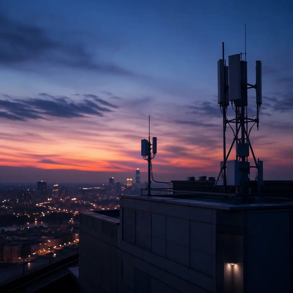 Abstract view of a facility rooftop at dusk with small-cell 5G antennas and a cellular base station against the sky, city lights in the background, no robots, no people