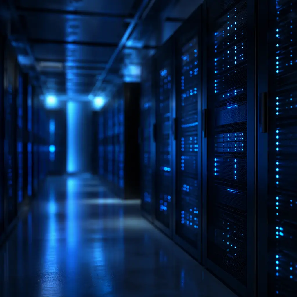 Abstract server room with rows of network racks and soft blue indicator lights, gentle depth of field, no readable text, no people, no robots