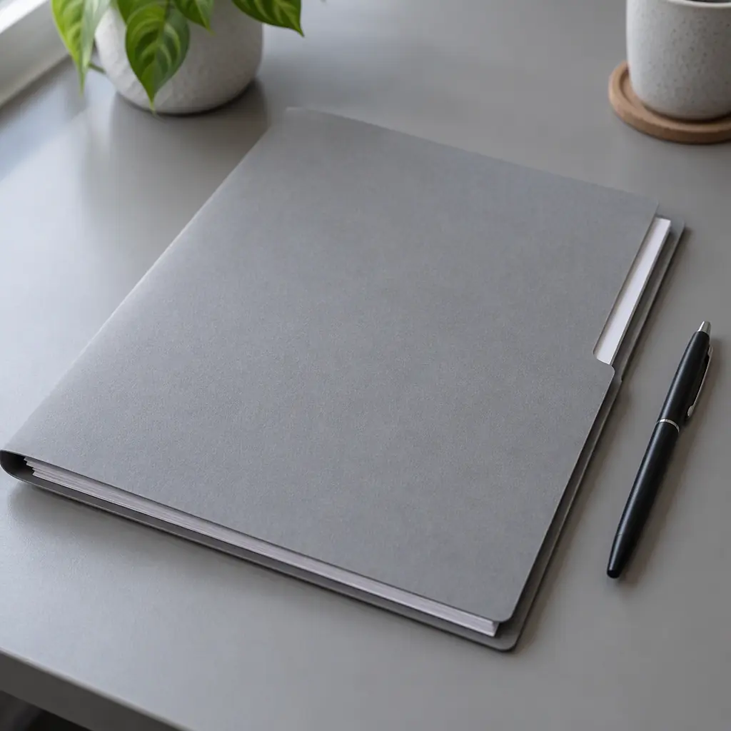 Photorealistic close-up of a plain document folder and pen on a grey office desk, no readable text and no people
