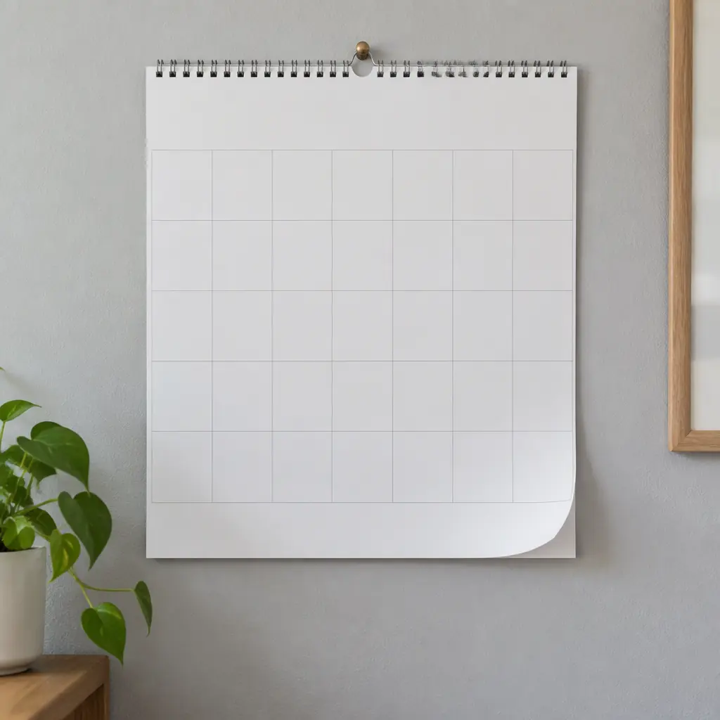 Photorealistic blank white wall calendar grid with no numbers or writing, on a light grey wall, no people and no text