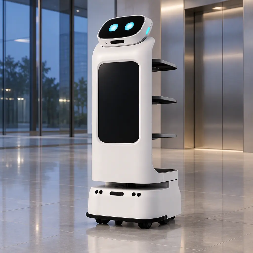 Photorealistic white AOMAN D1 delivery robot standing stationary in an empty office lobby at day end, blank screen, no people and no text