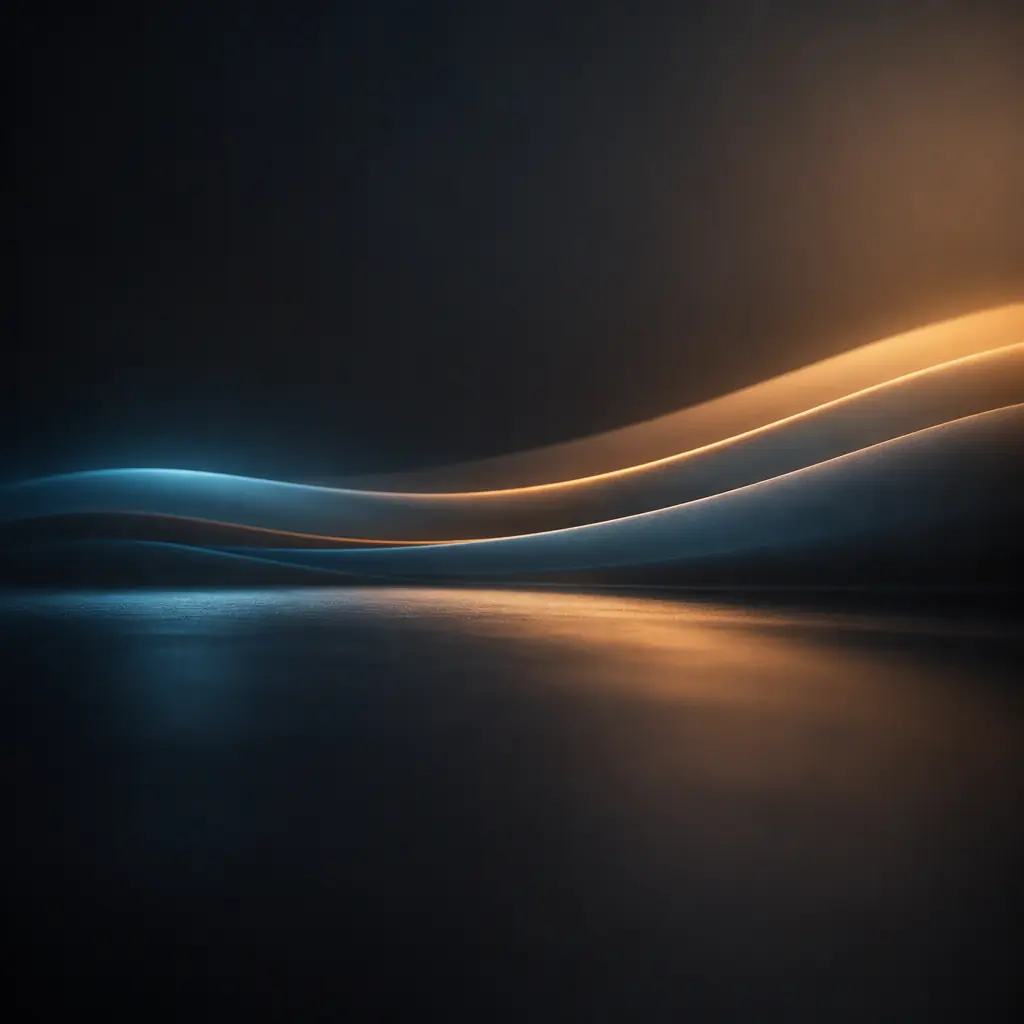 Photorealistic abstract rising curves of warm amber and cool cyan light on a dark surface, no text