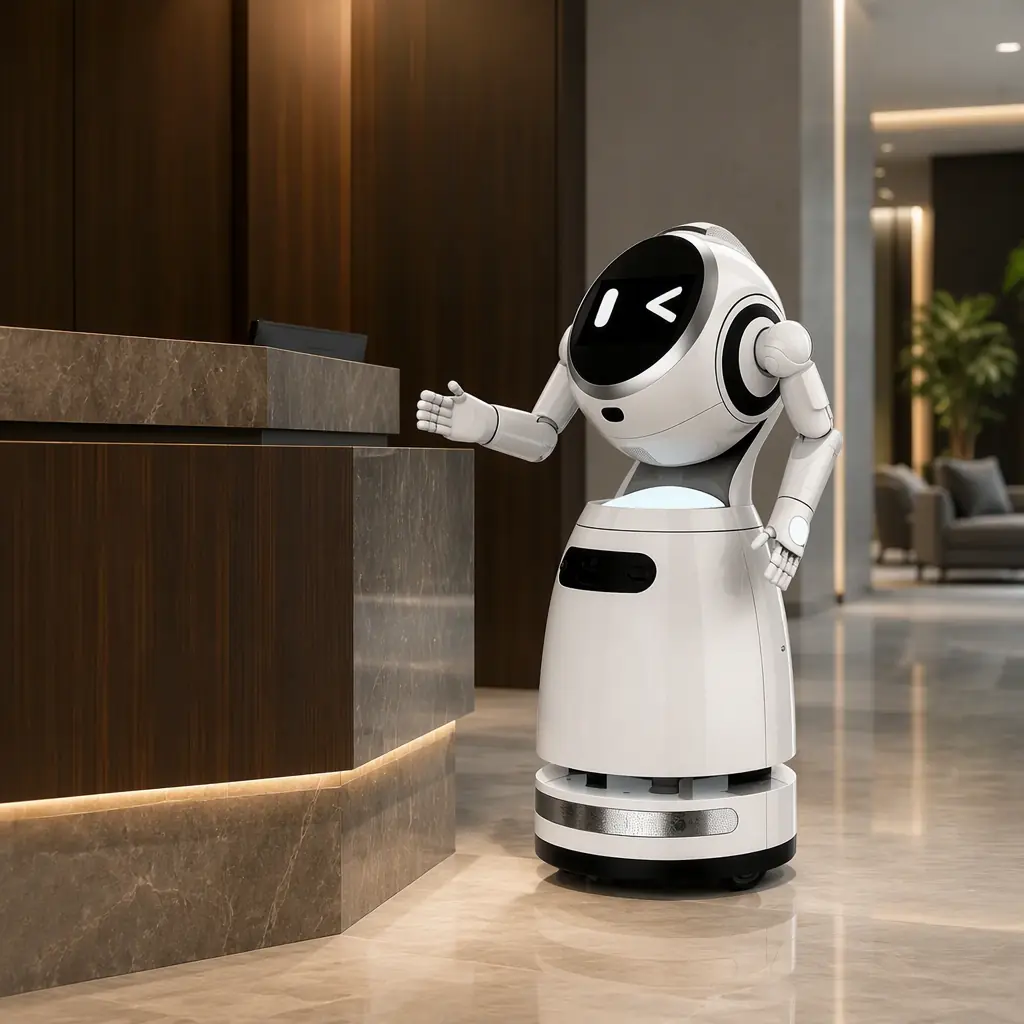 CRUZR humanoid reception robot at a modern corporate lobby reception desk, dark wood and marble surfaces, warm accent lighting, a single robot