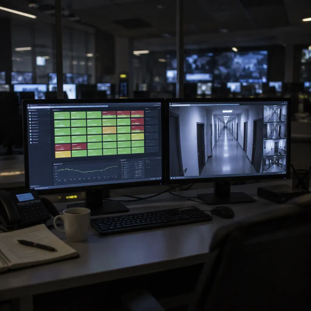 Photorealistic photograph of an operations centre desk with two monitors showing abstract status grids and a corridor camera feed, a notepad and coffee cup beside the keyboard, no people faces and no text